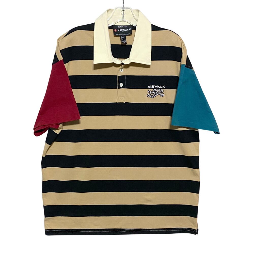 Airwalk Forever 21 Mens L Striped Polo Shirt Colorblock 90s Grunge Skater Rugby